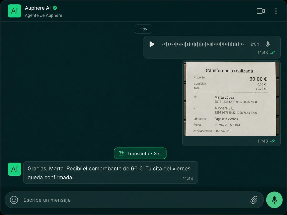Captura · nota de voz transcrita y respondida